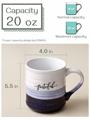 20 oz mug with grateful design and capacity comparison chart