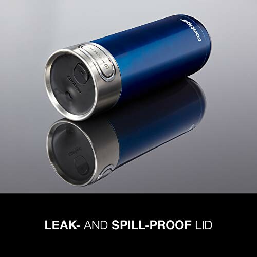 Blue travel mug with leak and spill-proof lid