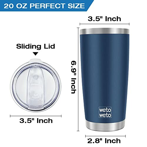 Blue tumbler with sliding lid and dimensions.