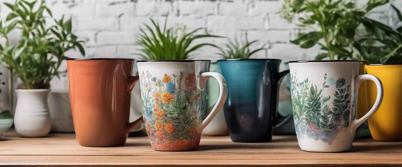 Assorted budget mugs on a shelf