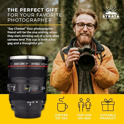 Man holding camera with coffee mug shaped like camera lens.