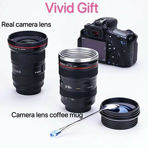 Camera lens coffee mug set with spoon and camera.