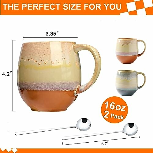 Ceramic coffee mug set with size dimensions and two spoons included.