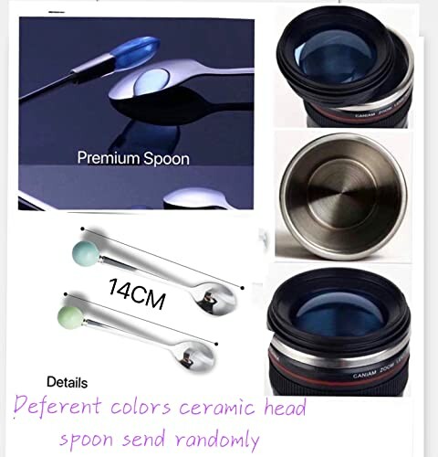 Ceramic head spoon with lens-like design and 14cm length.