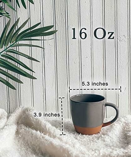 Gray ceramic mug with dimensions 5.3 inches wide and 3.9 inches tall, capacity 16 ounces.