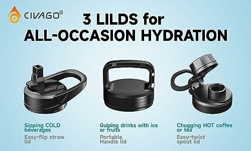 Three different Civago hydration lids for beverages.