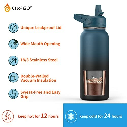 CIVAGO insulated water bottle with features including unique leakproof lid, wide mouth opening, 18/8 stainless steel, double-walled vacuum insulation, sweat-free and easy grip, keeps drinks hot for 12 hours and cold for 24 hours.