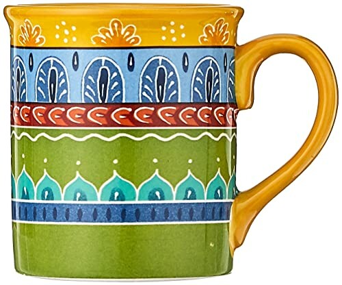 Colorful ceramic mug with intricate patterns.