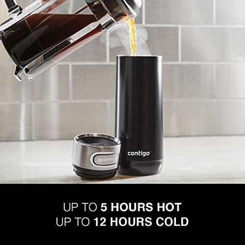 French press pouring coffee into a Contigo insulated mug on a kitchen counter.