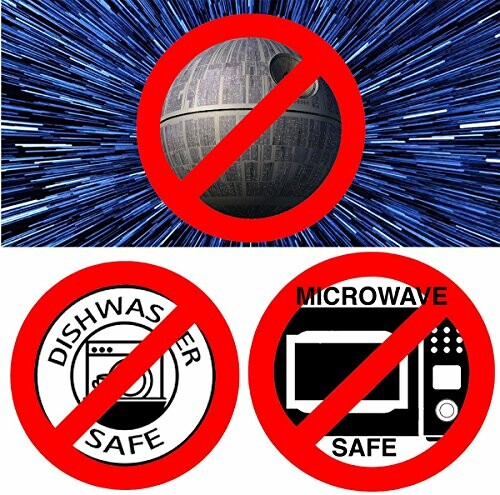 Death Star with red prohibition signs for dishwasher and microwave safety.