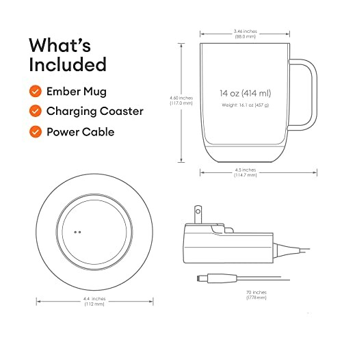 Ember Mug set with mug, charging coaster, and power cable