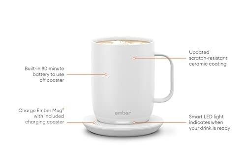 Ember mug on charging coaster with features labeled