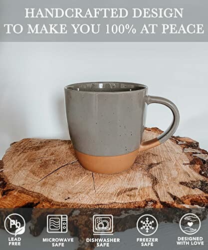 Handcrafted ceramic mug on wooden slab with safety icons and text.