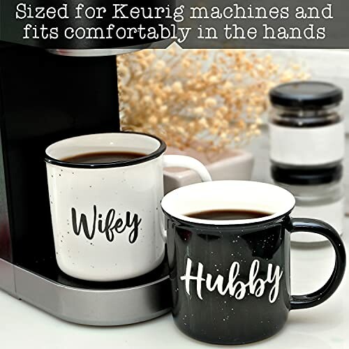 Wifey and Hubby mugs next to a coffee machine.