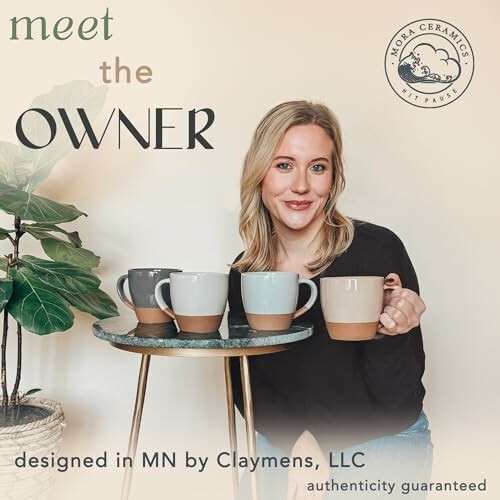 Woman holding a tray with four ceramic mugs, text reads 'Meet the Owner' and 'Designed in MN by Claymens, LLC'.