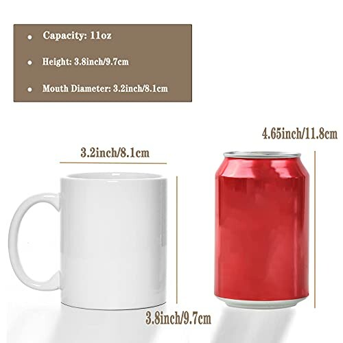 Size comparison between a white mug and a red can with measurements.