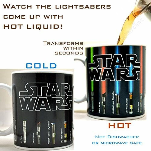 Star Wars mug showing heat-sensitive color change with lightsabers.