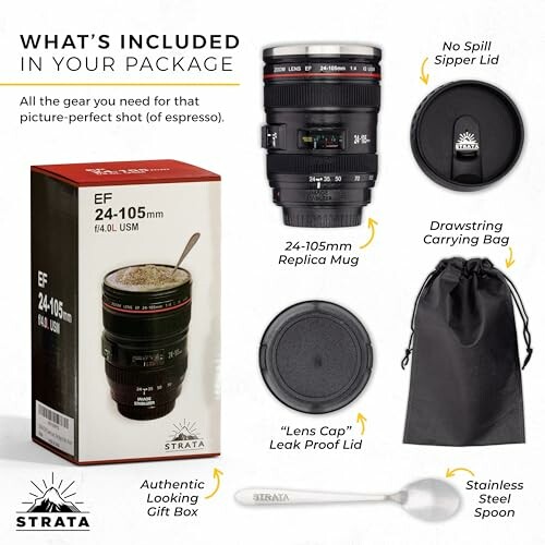 Strata lens mug gift set with replica mug, lid, carrying bag, gift box, and spoon.