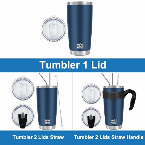 Blue tumbler with lid options: one lid, two lids with straw, two lids with straw and handle.