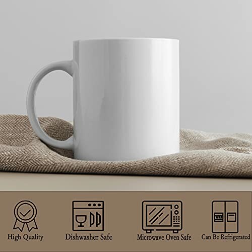 White coffee mug on a textured cloth with icons indicating quality and safety features.