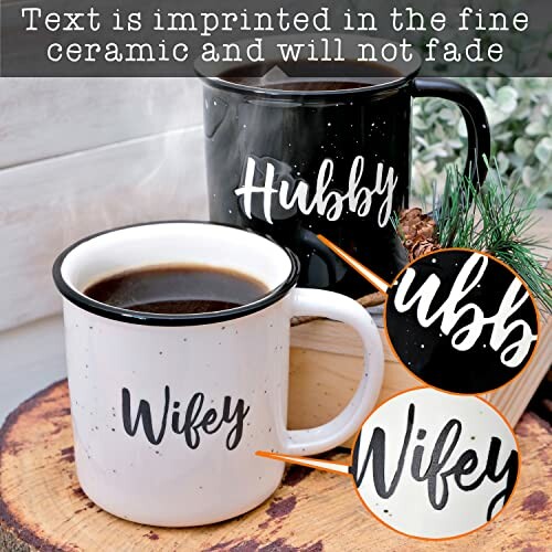 Set of two mugs labeled 'Wifey' and 'Hubby' with fade-resistant text.