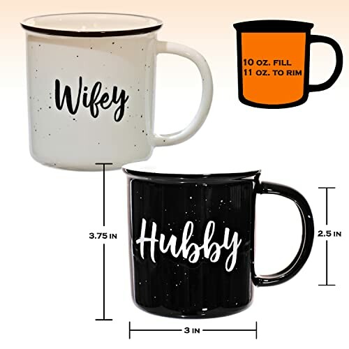 Set of white and black mugs labeled 'Wifey' and 'Hubby' with size details.